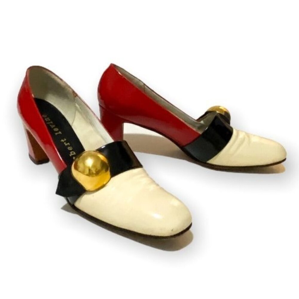 Vintage 1960s Herbert Levine Mod Patent Color Block Pumps Gold Orb Original Box - Picture 10 of 16